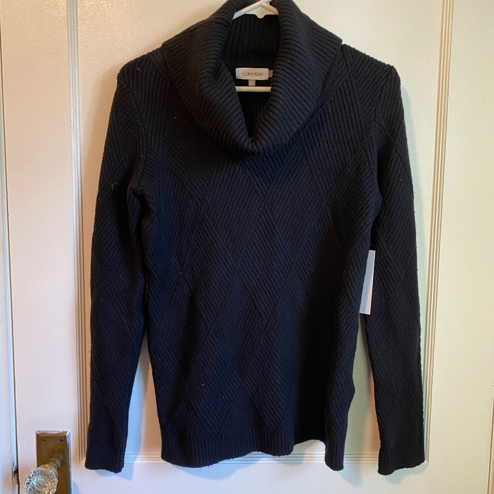 Calvin Klein Womens Black Cowl Neck Diamond Knit Sweater F9XS6750 XS NWT